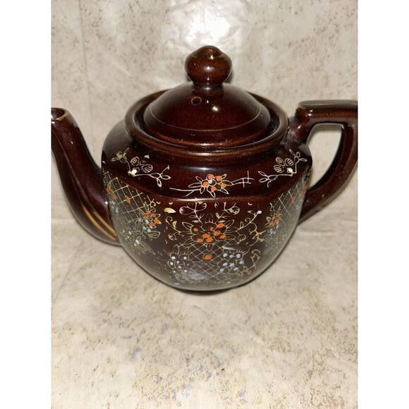 Vintage Japan Moriage Redware Hand Painted Floral Brown Coffee Tea Pot & Cup - Picture 3 of 10